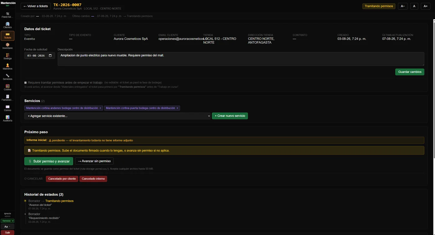 Detalle de un ticket con sus servicios, el próximo paso y el historial de estados.