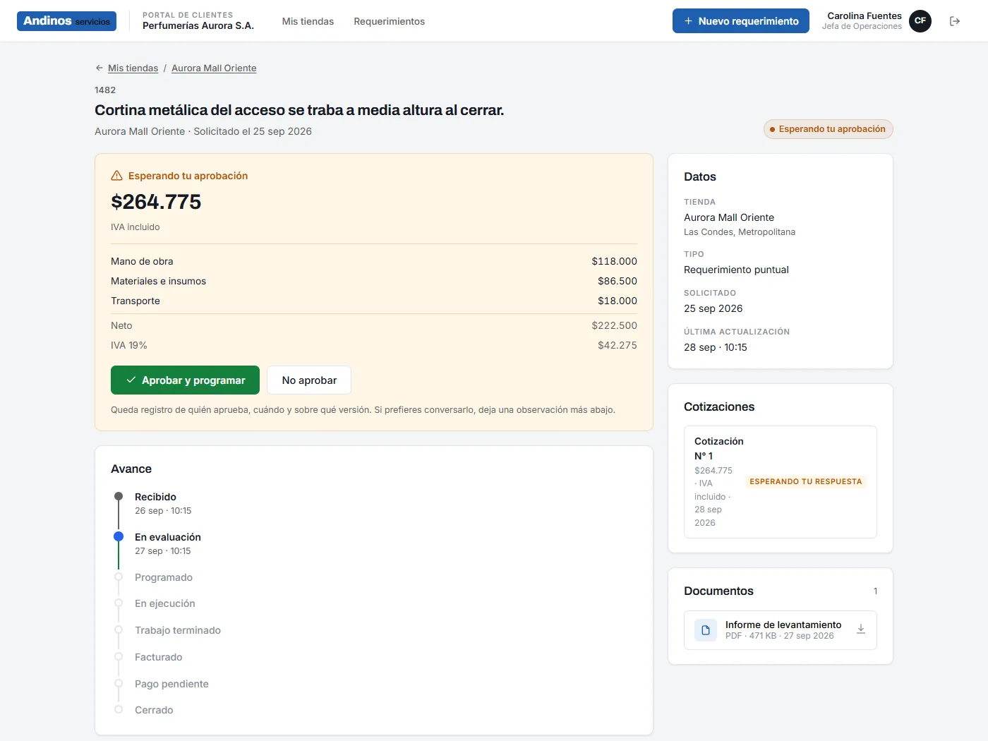 Detalle de un requerimiento en el Portal de Clientes con la cotización por concepto, el total con IVA y los botones para aprobar o no aprobar.